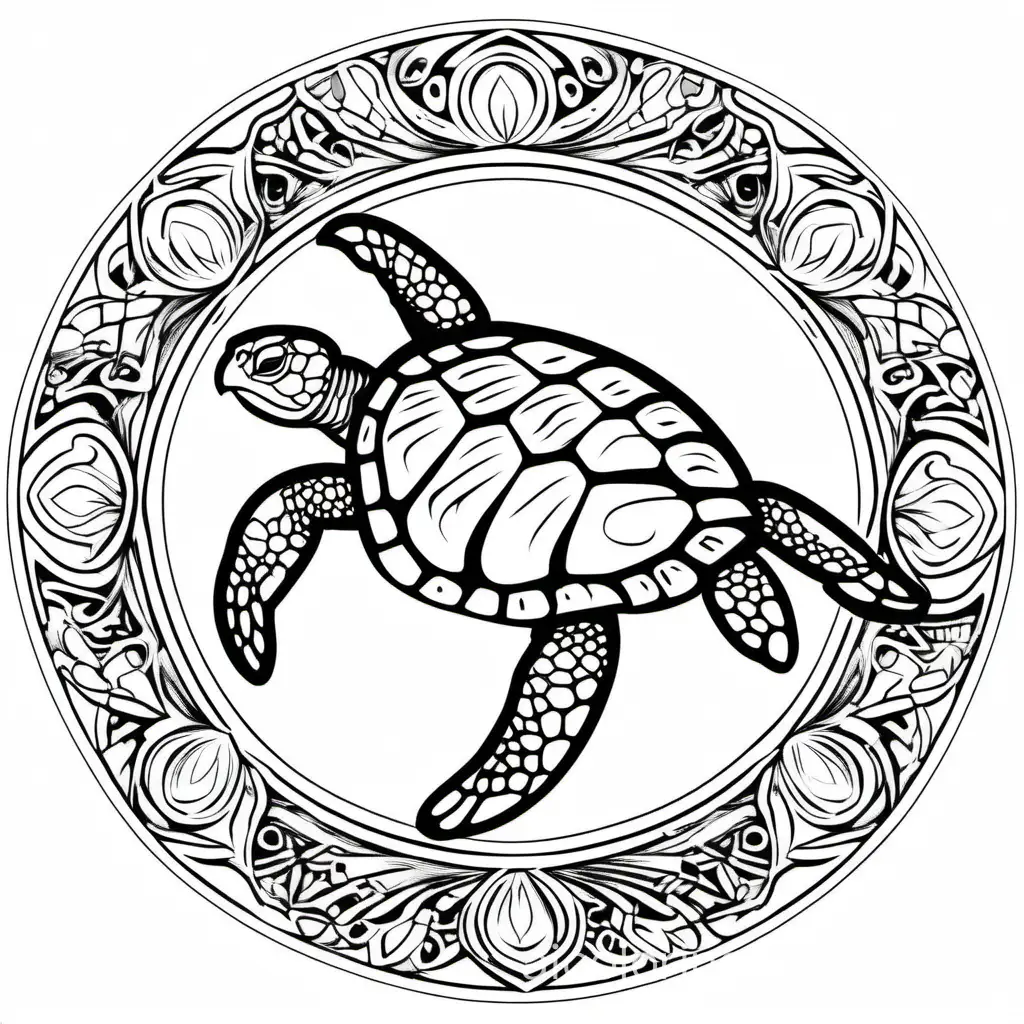 sea turtle inside a mandala, Coloring Page, black and white, line art, white background, Simplicity, Ample White Space. The background of the coloring page is plain white to make it easy for young children to color within the lines. The outlines of all the subjects are easy to distinguish, making it simple for kids to color without too much difficulty
