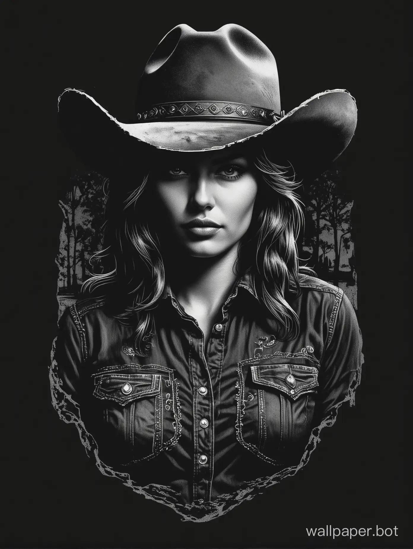 Vintage-Cowgirl-Silhouette-TShirt-Mockup-in-Monochromatic-Xylography-Style