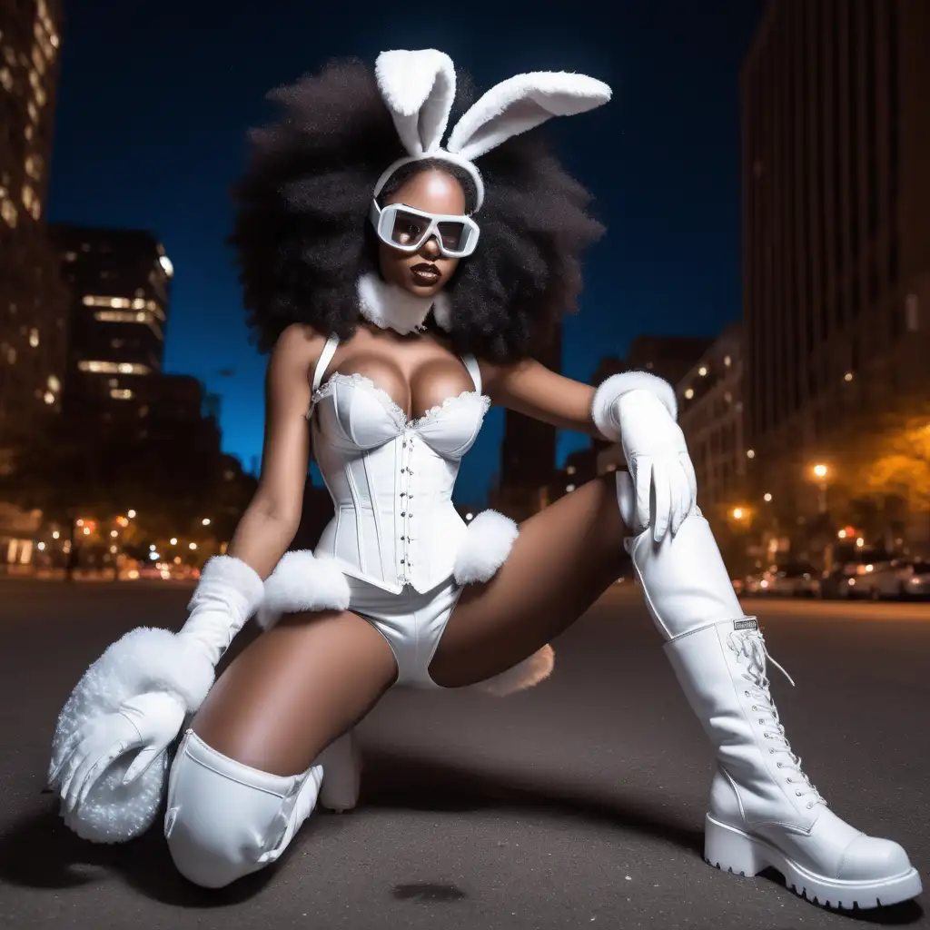 beautiful black girl, big afro hair, white goggles, white bunny ears, full white lace corset full white leather boots, full white gloves with claws, city, night