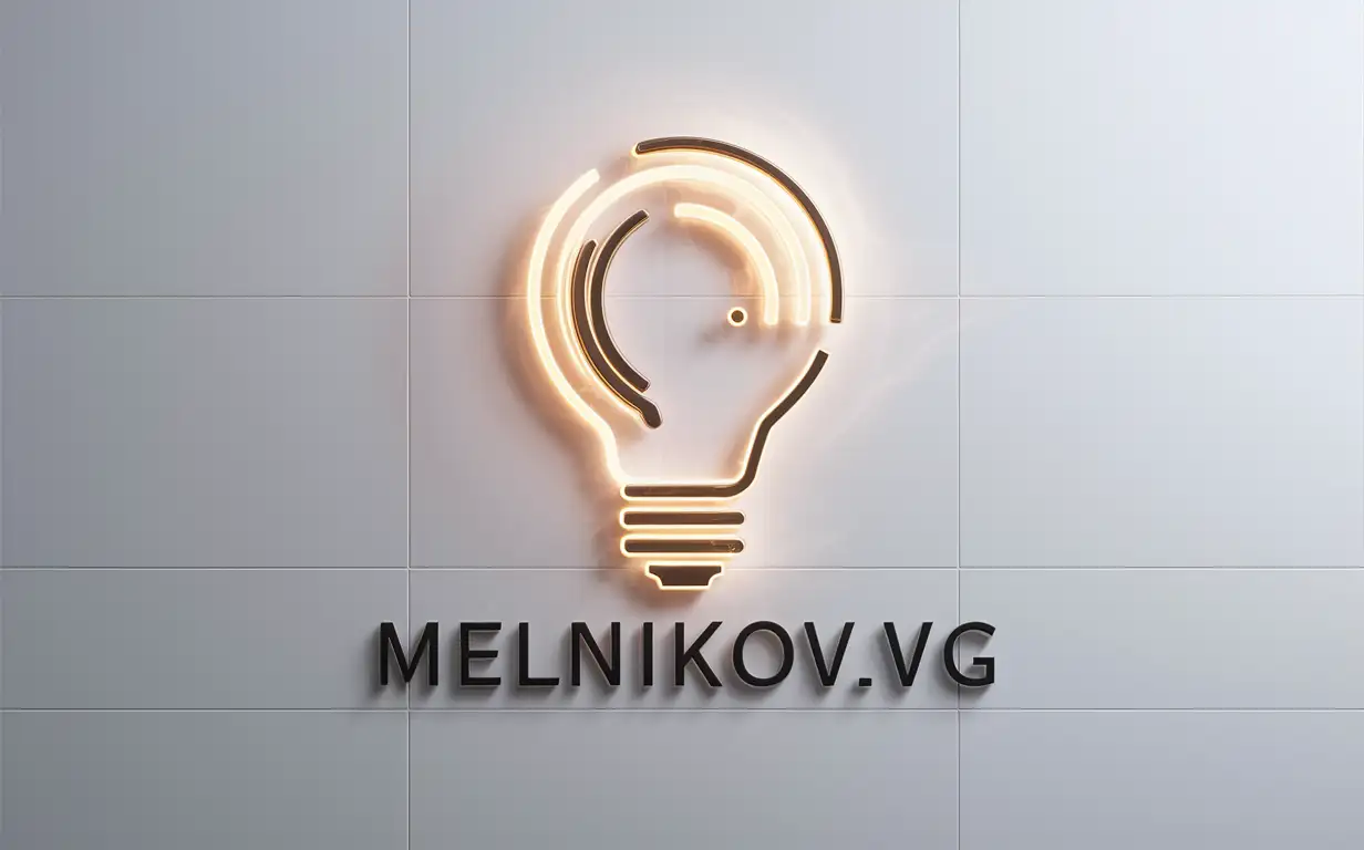 Аналог логотипа "Melnikov.VG", чистый задний белый фон, абстрактная лампочка, люминофорная технология дизайна