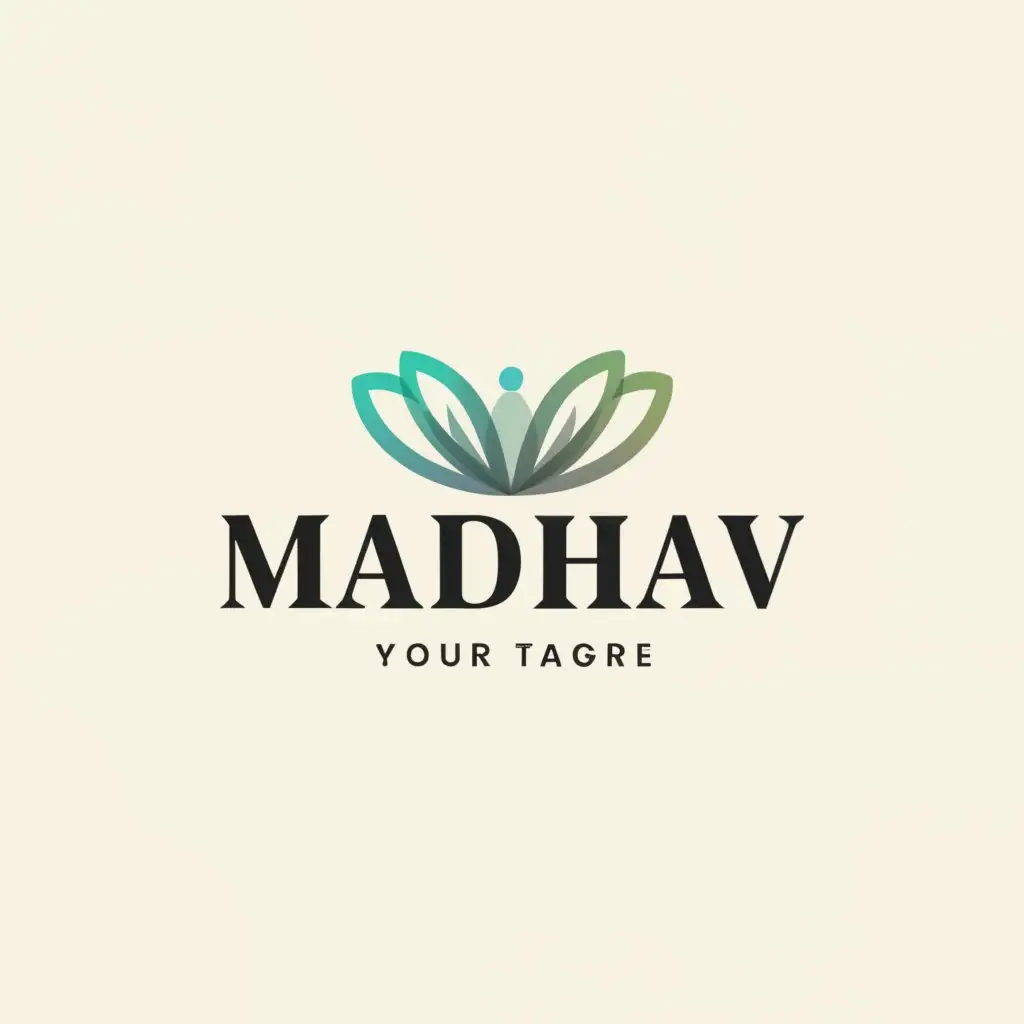 a logo design,with the text "Madhav ", main symbol:Peacock Feather,Minimalistic,clear background