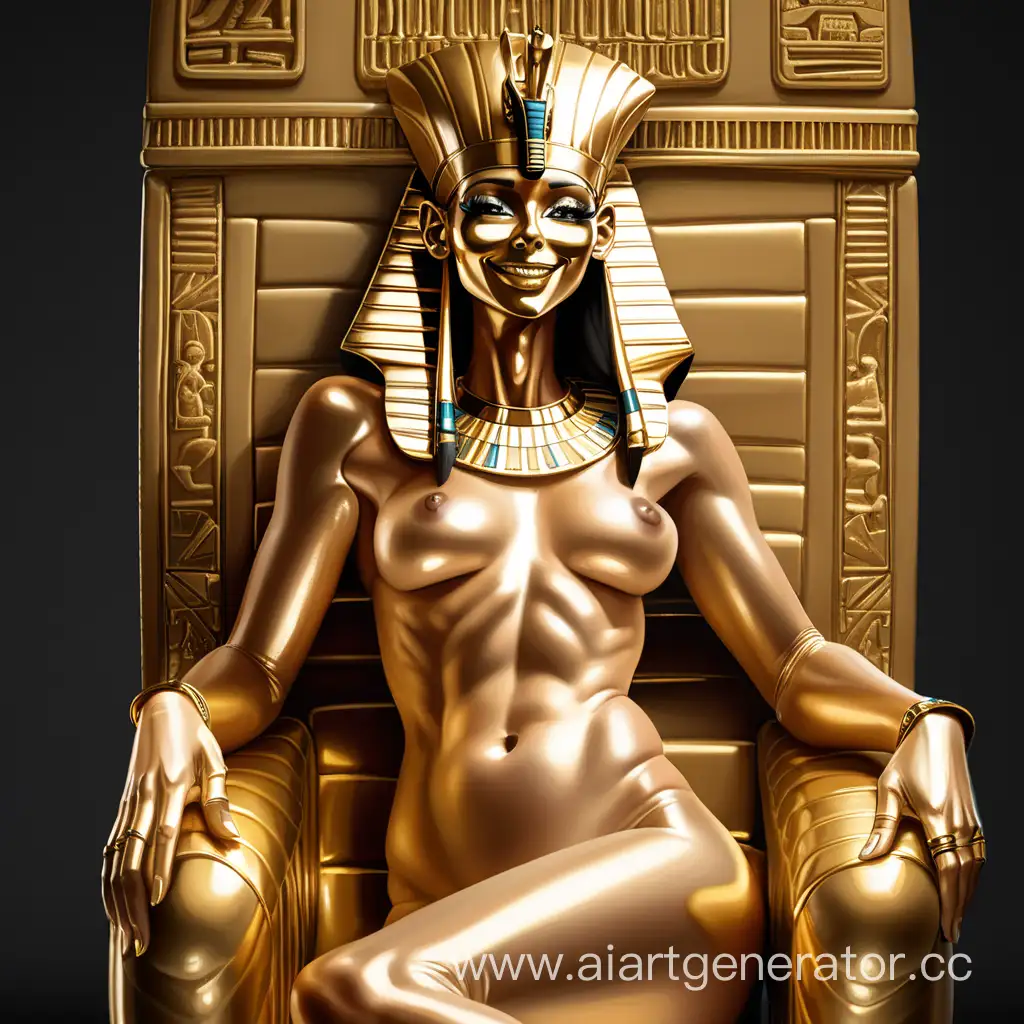 Golden-Pharaoh-Sarcophagus-Nude-Girl-with-Latex-Skin-Smiles-in-Egyptian-Attire