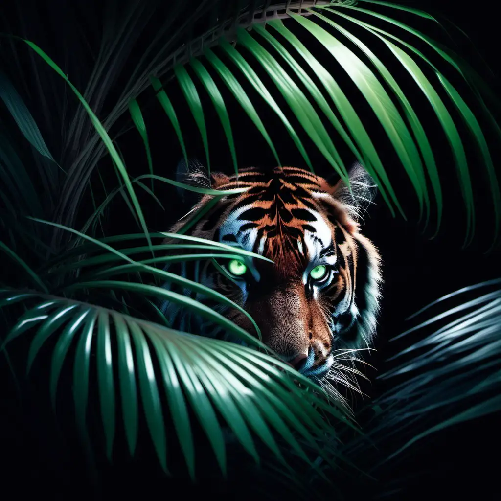 tiger hiding behind plants, close up, coconut palms, black dark background, super faint pink neon light, extremely realistic