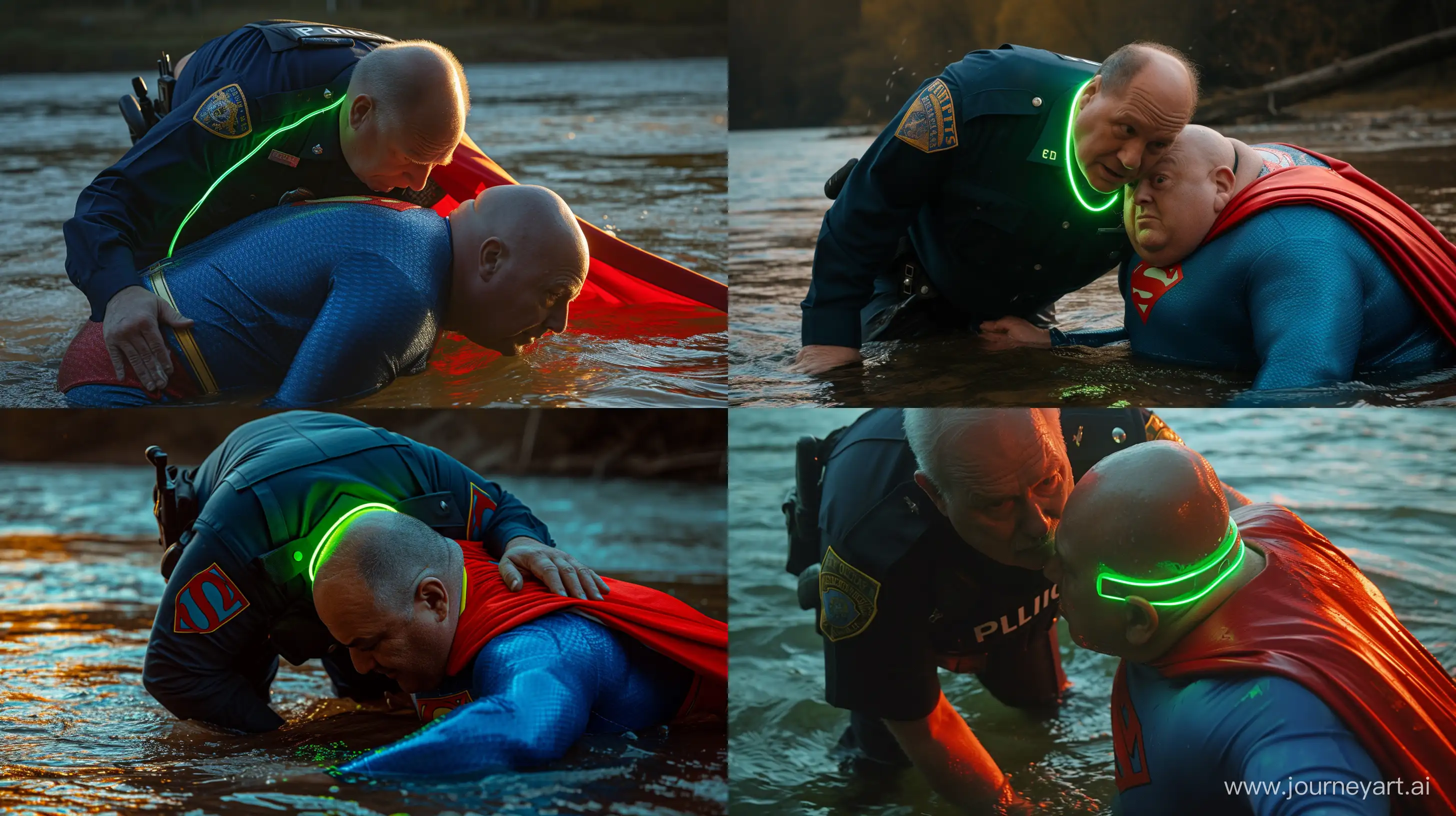 Close-up photo of a fat french policeman aged 60. Bending behind and tightening a tight green glowing neon dog collar on the nape of a fat man aged 60 wearing a tight blue 1978 smooth superman costume with a red cape crawling in the water. Natural Light. River. --style raw --ar 16:9