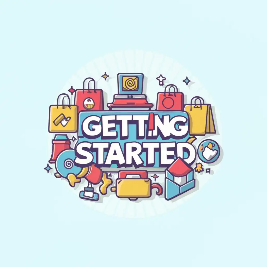 a logo design,with the text "Getting started

", main symbol:cartoon photo of items to sell online,Moderate,clear background