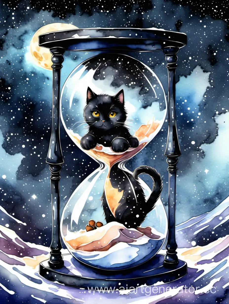 черный кот сидит внутри песочных часов и ловит лапой снег, на фоне космоса, стиль акварель, 8k