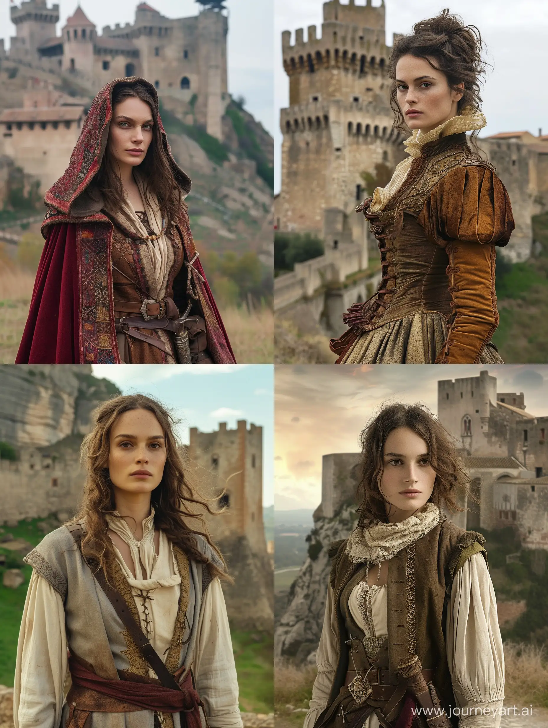 woman similar to kiera knightley, dressed in medieval clothes, standing in fron of medieval fortress