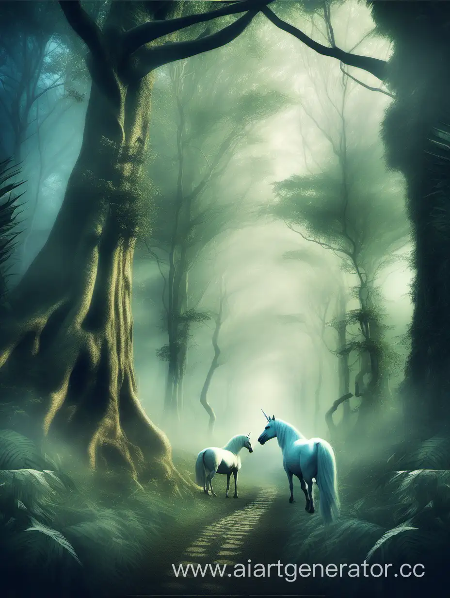 Poster for the zoo 1. "Legendary Forest"   - Image of a mystical forest with majestic trees and misty paths.   - Mythical creatures such as unicorns, dragons, forest fairies, and spirits.