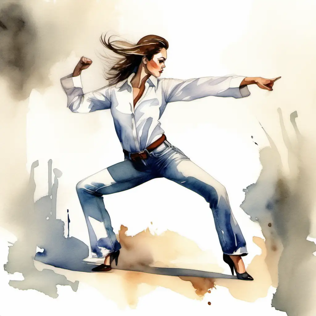 sexy long tall Caucasian woman, brown hair and eyes, dressed in jeans and a white shirt with heels performing a high front kick, opening her legs in an L shape, in a 90° tilt, martial art style,watercolor art