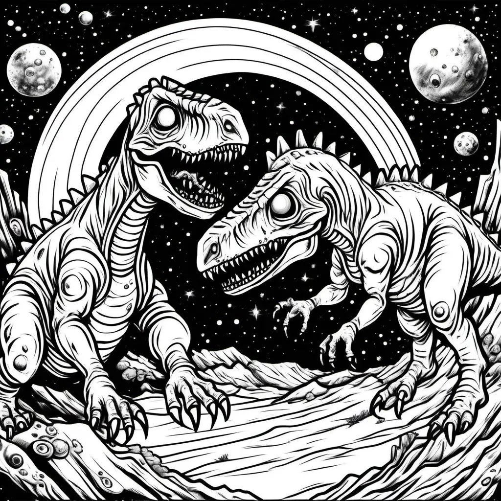 two zombie dinosaurs in space, dark lines, no shading, coloring pages for children
