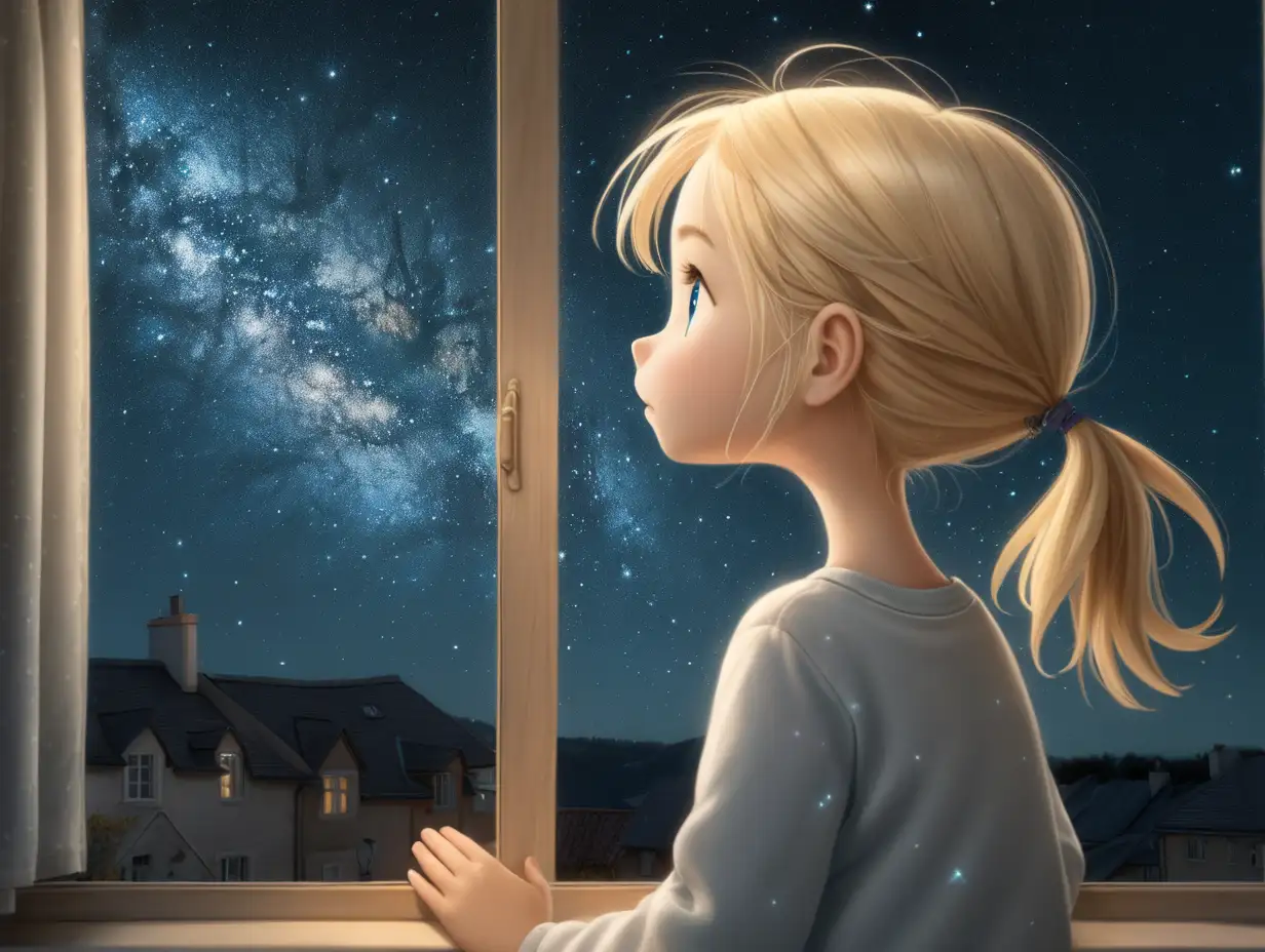 Enchanting Night Sky Gazing Blonde Girl in Tranquil Window Scene