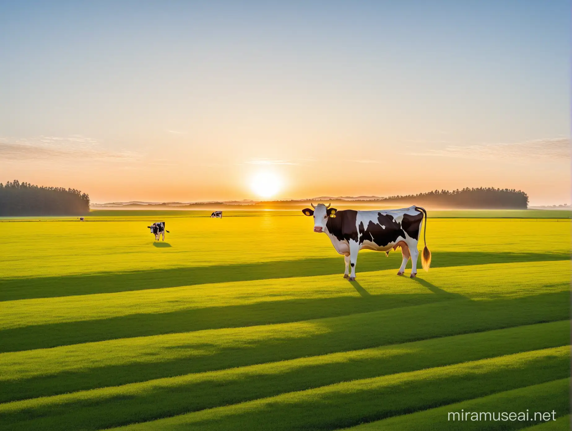 Sunset Pastoral Scene with Grazing Cow