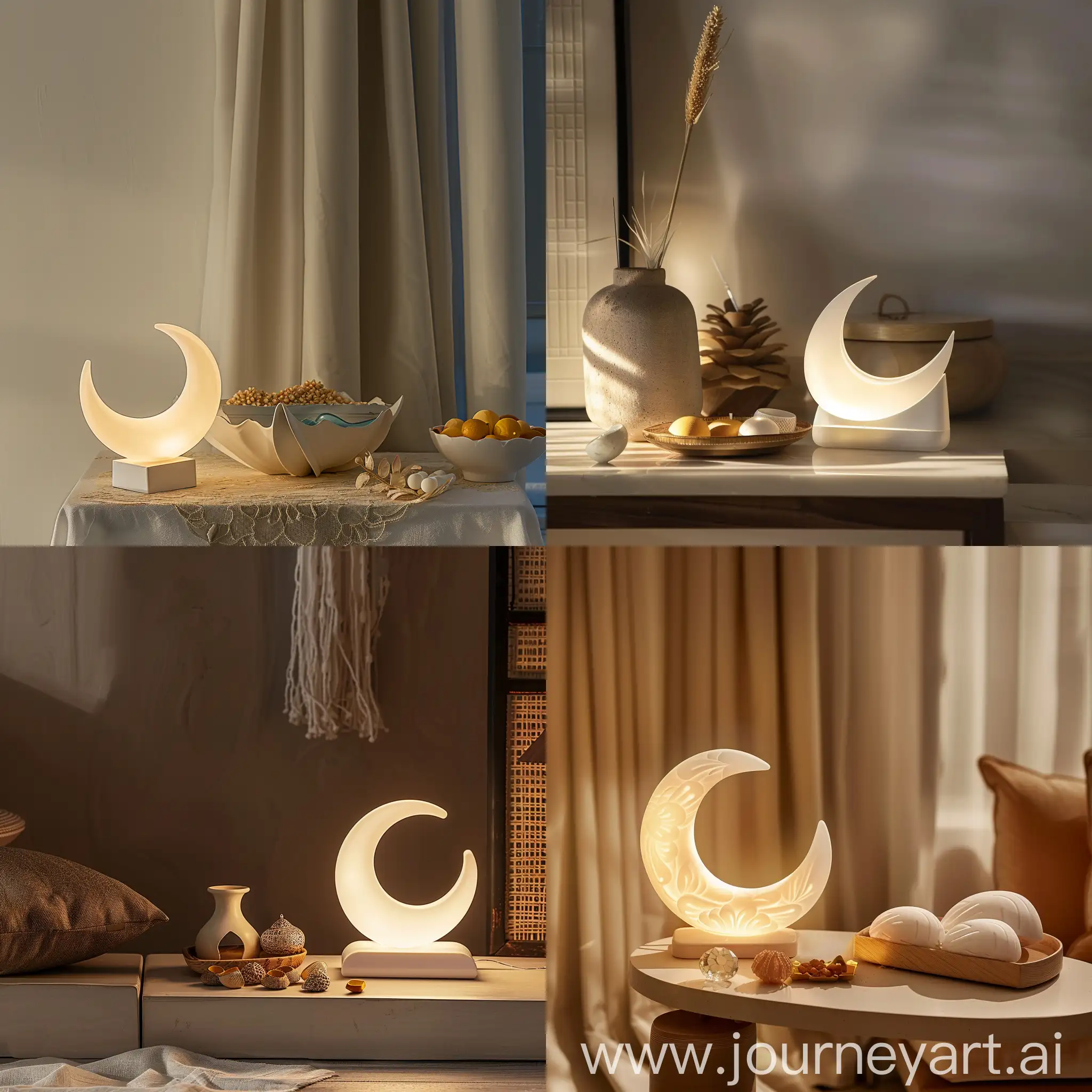 Designing an interior scene in the atmosphere of the month of Ramadan. A table containing a small lighting unit in the shape of a luminous crescent in white. There are some decorative accessories for the month of Ramadan next to it.