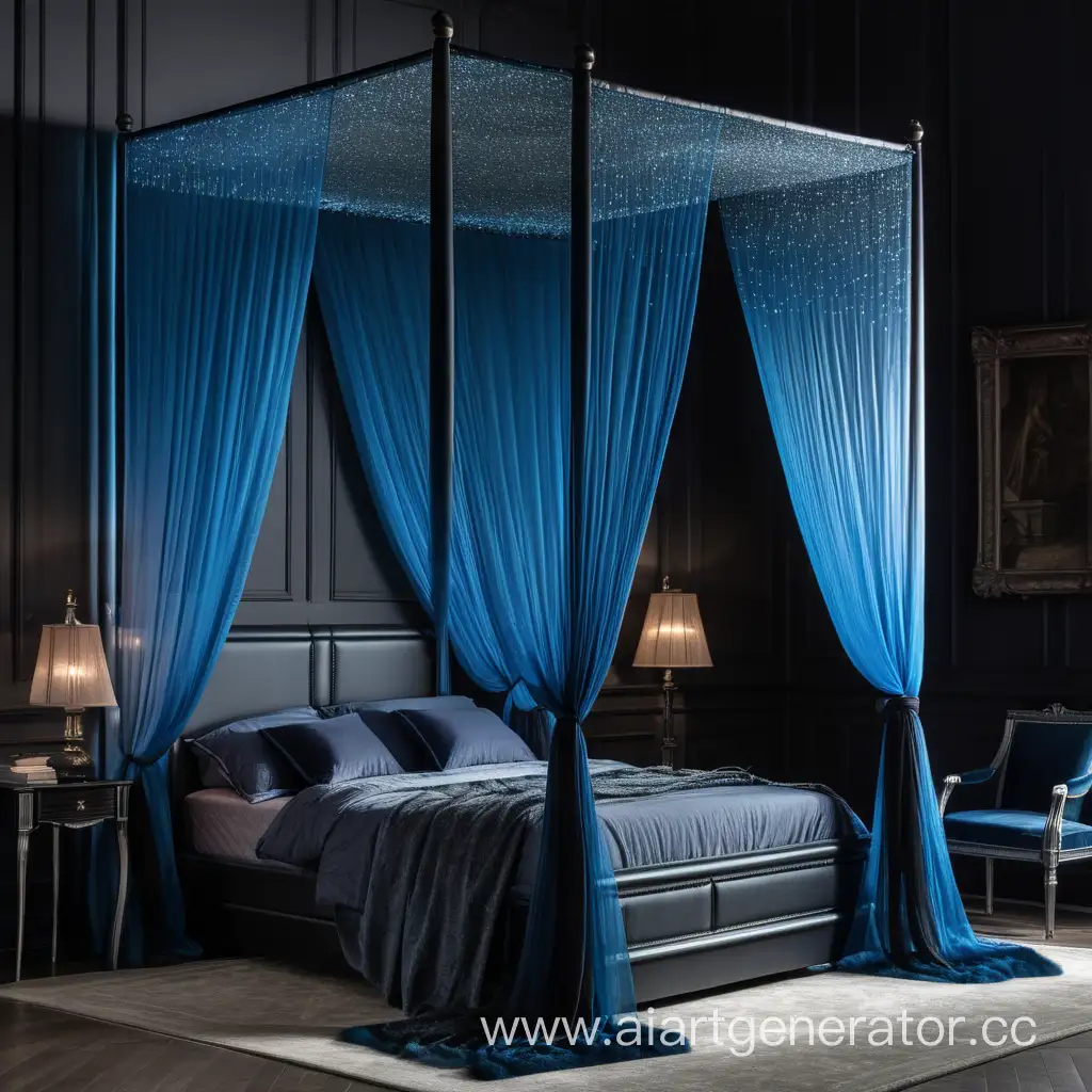 Высокая кровать в темных оттенках, с прозрачно-синим балдахином и иглами