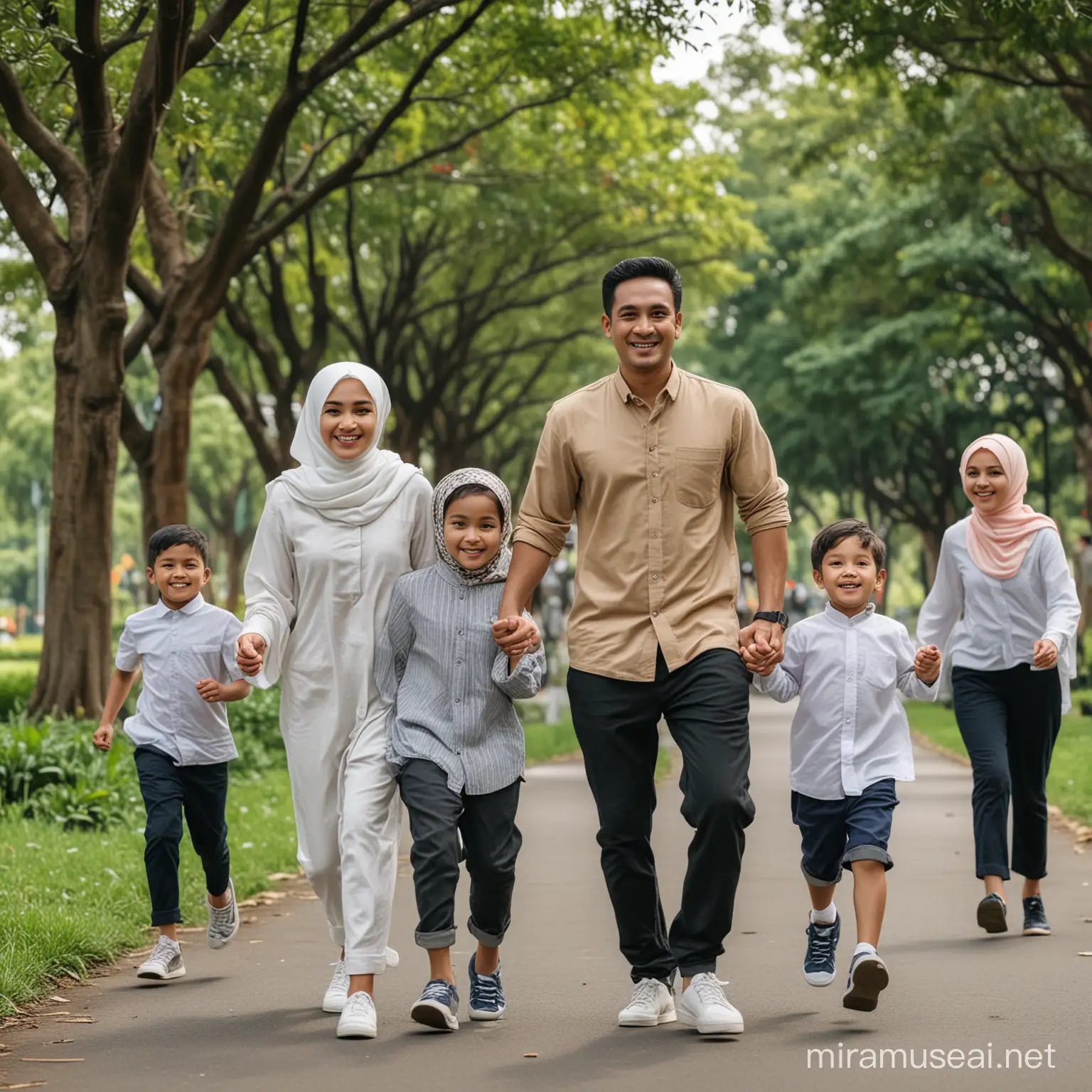 Photo of a happy Indonesian family running in the park consisting of a 28 year old father with neat short hair wearing casual clothes Beautiful 25 year old wife wearing hijab, Muslim clothes The first child is a boy, 10 years old, neat short hair, wearing casual clothes The second child is a 6 year old boy with neat short hair wearing casual clothes facing the camera photograph, casual/professional photo, 4k, 8k Ultra, Epic, detailed and intricate, smooth, FHD clear, original, natural image