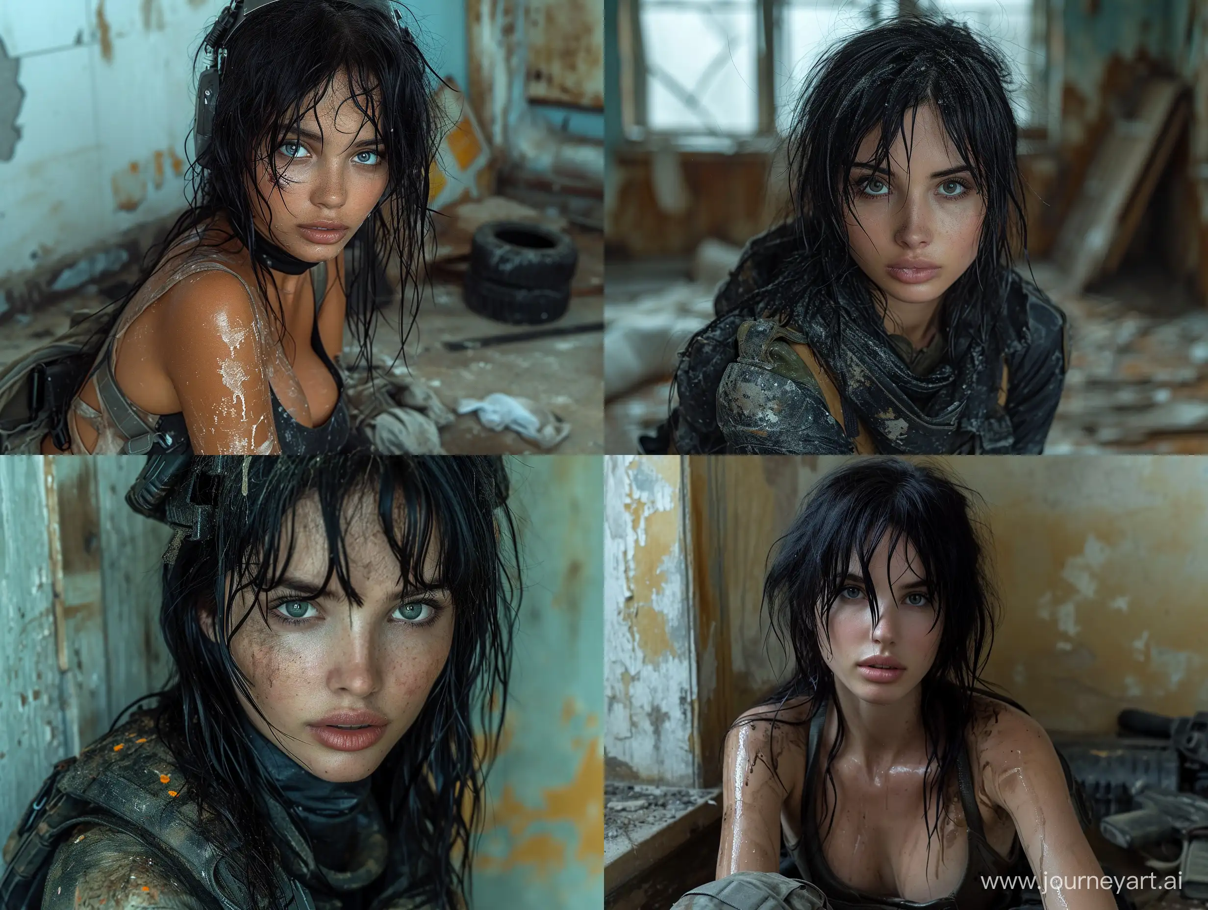 beautiful dirty mulatto Ana de Armas S.T.A.L.K.E.R mercenary black hair black tactical clothes tactical helmet abandoned room --s 999 --style raw --v 6