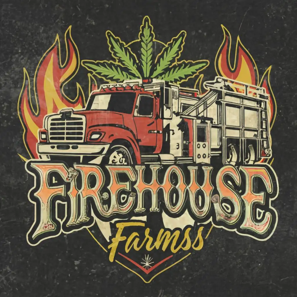 logo, fire truck with flames and cannabis leaf, with the text "FIREHOUSE FARMS" typography