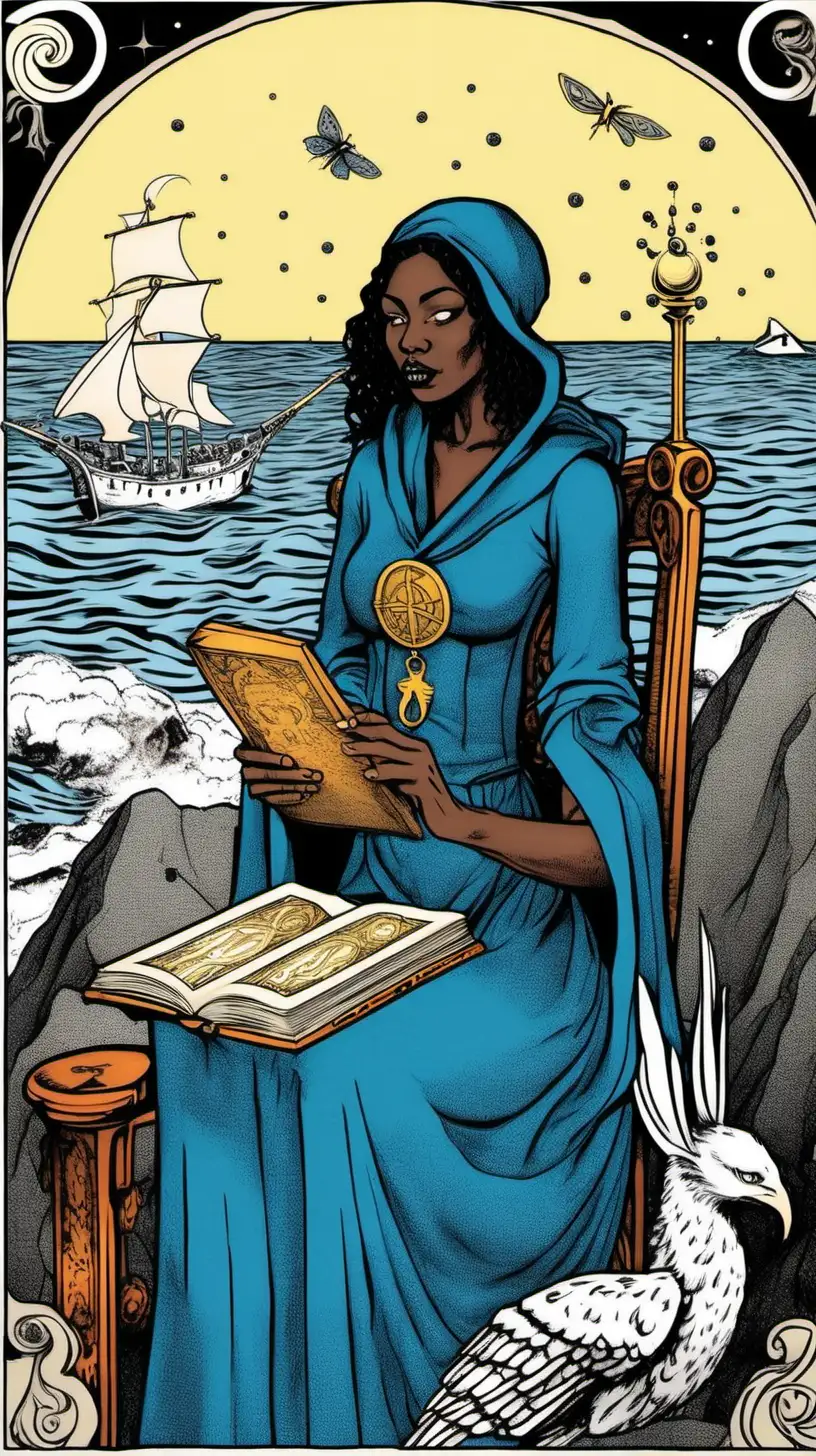 Priestess of the Moon Tarot Card with Mystical Seaside Scene