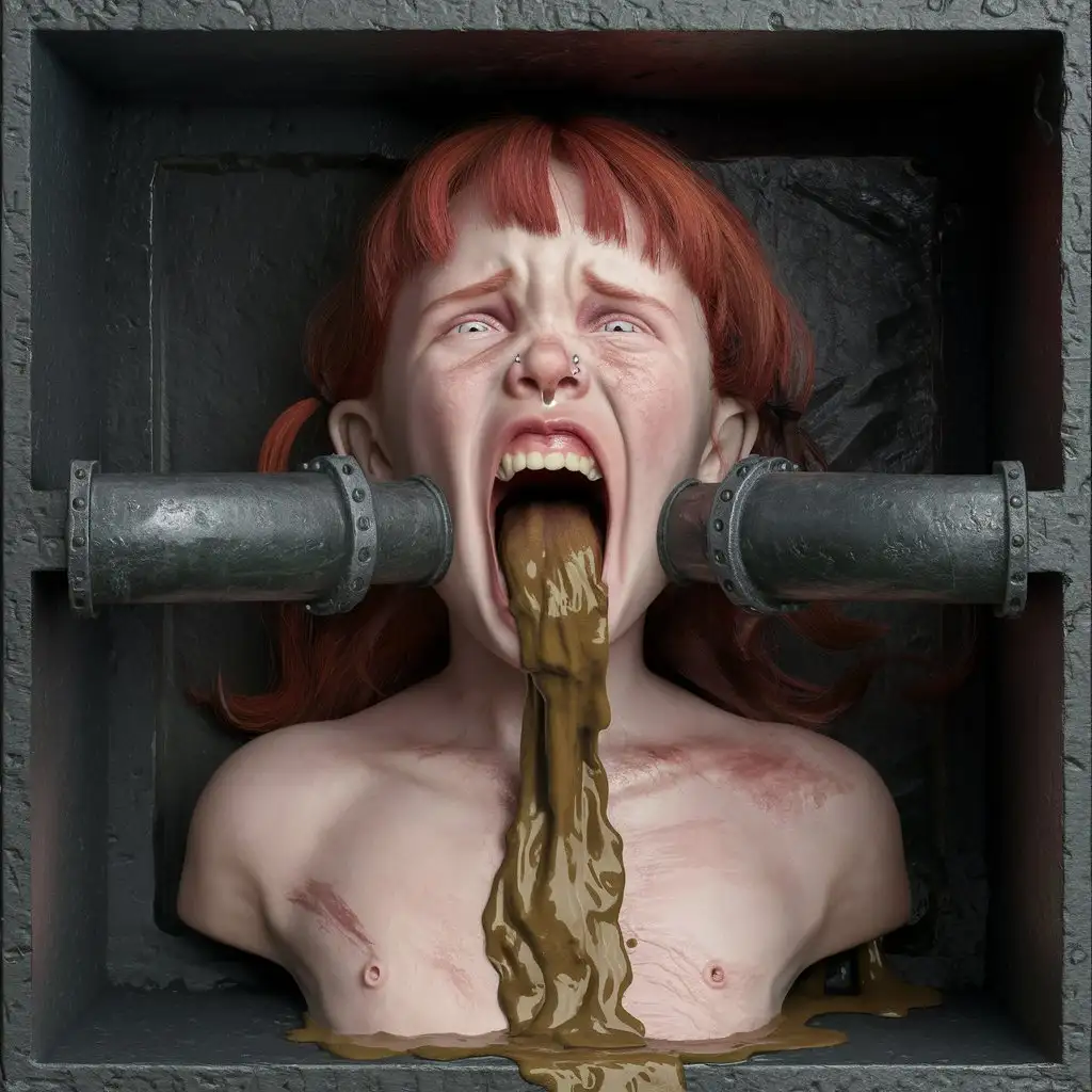 3d ultra realist resolution render, unreal engine render image portrait of a redhead young twenty girl russian screaming crying painful, iron big pipeline wall fixed inside mouth to pipeline, mud liquid overflow of mouth, chest men body flat, nose piercing, inside iron box square.