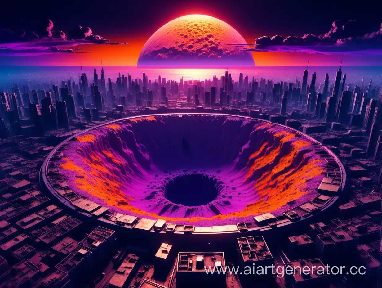 cyberpunk city with a huge crater after a nuclear explosion , view from above, vaporwave sunset, orange-purple gamma