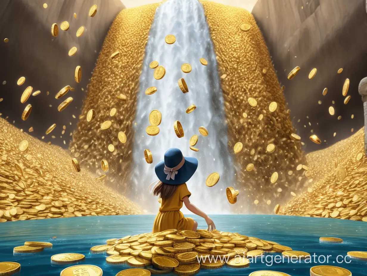 A huge number of gold coins that pour like a waterfall from the sky, and in front of this waterfall there is a girl in an expensive frag and hat