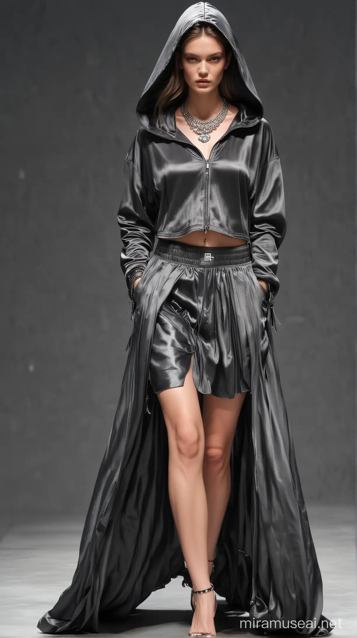 Stunning supermodel runway motion, front angle, wearing a washed satin crop oversized hooded top and long flowy layered skirt and jewelry, charcoal glam, hyper-realistic, Prada style 