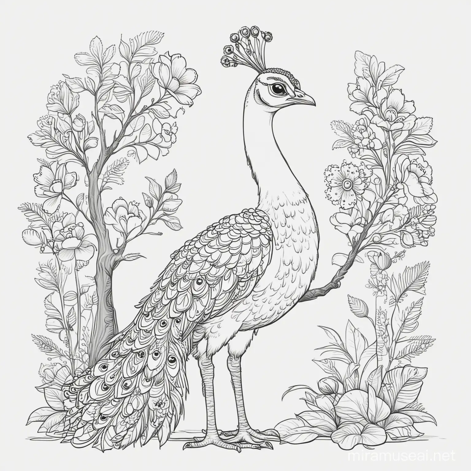 Cartoon Peacock Coloring Page with Flowers and Tree