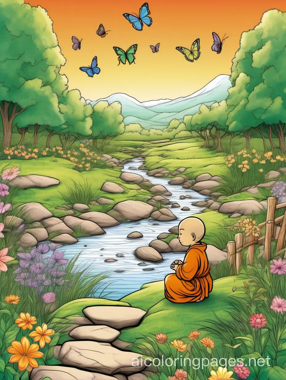 Background: A vast meadow stretches out, bathed in the warm hues of the setting sun. The sky, casting a tranquil glow over the landscape.

Foreground: In the center of the meadow, a small, stone path winds its way through a lush garden filled with vibrant flowers and tall grasses. A bubbling stream flows alongside, creating a soothing melody as it winds through smooth stones.

Character: A little monk, dressed in simple, earth-toned robes, sits cross-legged on a moss-covered rock near the stream. The monk is engrossed in a game of contemplative play, arranging colorful pebbles in intricate patterns on the ground.

Nature Elements: Butterflies flutter around, drawn to the sweet scent of the flowers. Tall trees with leaves swaying in the breeze provide shade, and distant mountains frame the horizon. Birds chirp softly in the background.
, Coloring Page, black and white, line art, white background, Simplicity, Ample White Space. The background of the coloring page is plain white to make it easy for young children to color within the lines. The outlines of all the subjects are easy to distinguish, making it simple for kids to color without too much difficulty