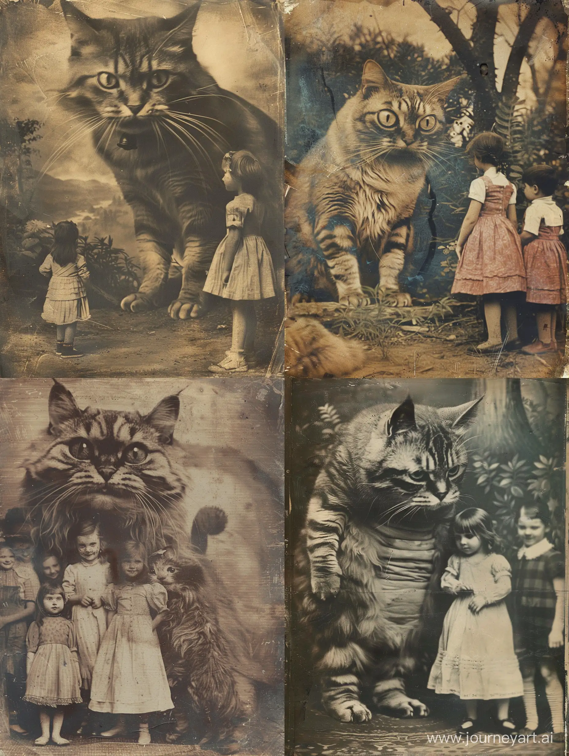 the cheshire cat and children, in the style of retro filters, oversized objects, demonic photograph, primitive folk art, furry art, made of cardboard, soft, dreamy scenes, expired 35mm film
