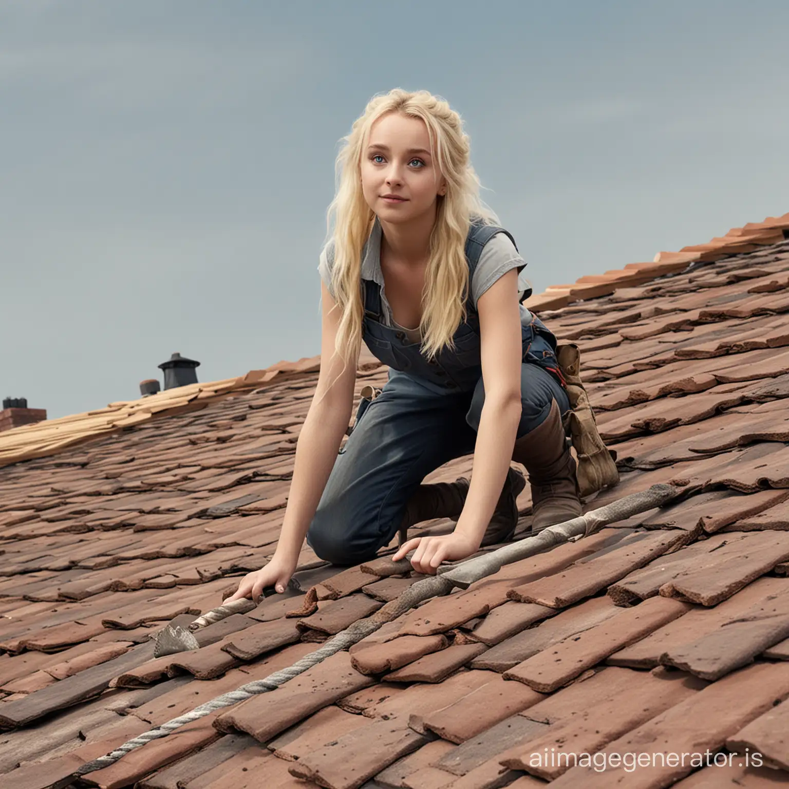 Luna Lovegood as roofer realistic photo
