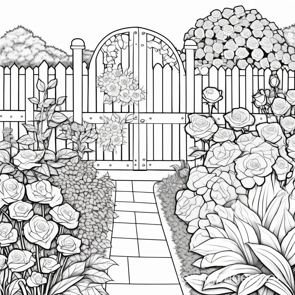 a garden with flowers and roses, Coloring Page, black and white, line art, white background, Simplicity, Ample White Space. The background of the coloring page is plain white to make it easy for young children to color within the lines. The outlines of all the subjects are easy to distinguish, making it simple for kids to color without too much difficulty
