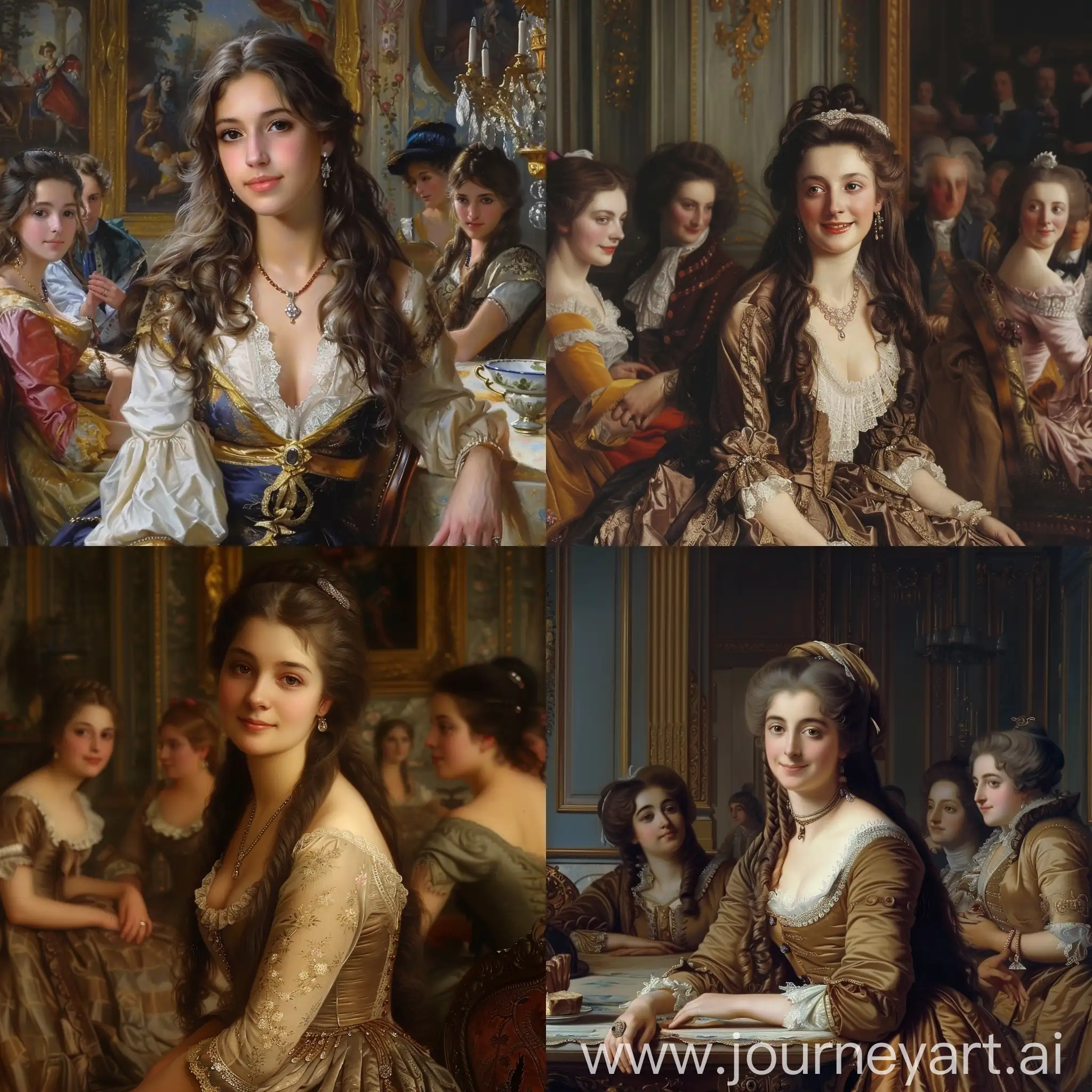 Elegant-Brunette-Woman-with-Friends-in-Versailles-Reception-Room