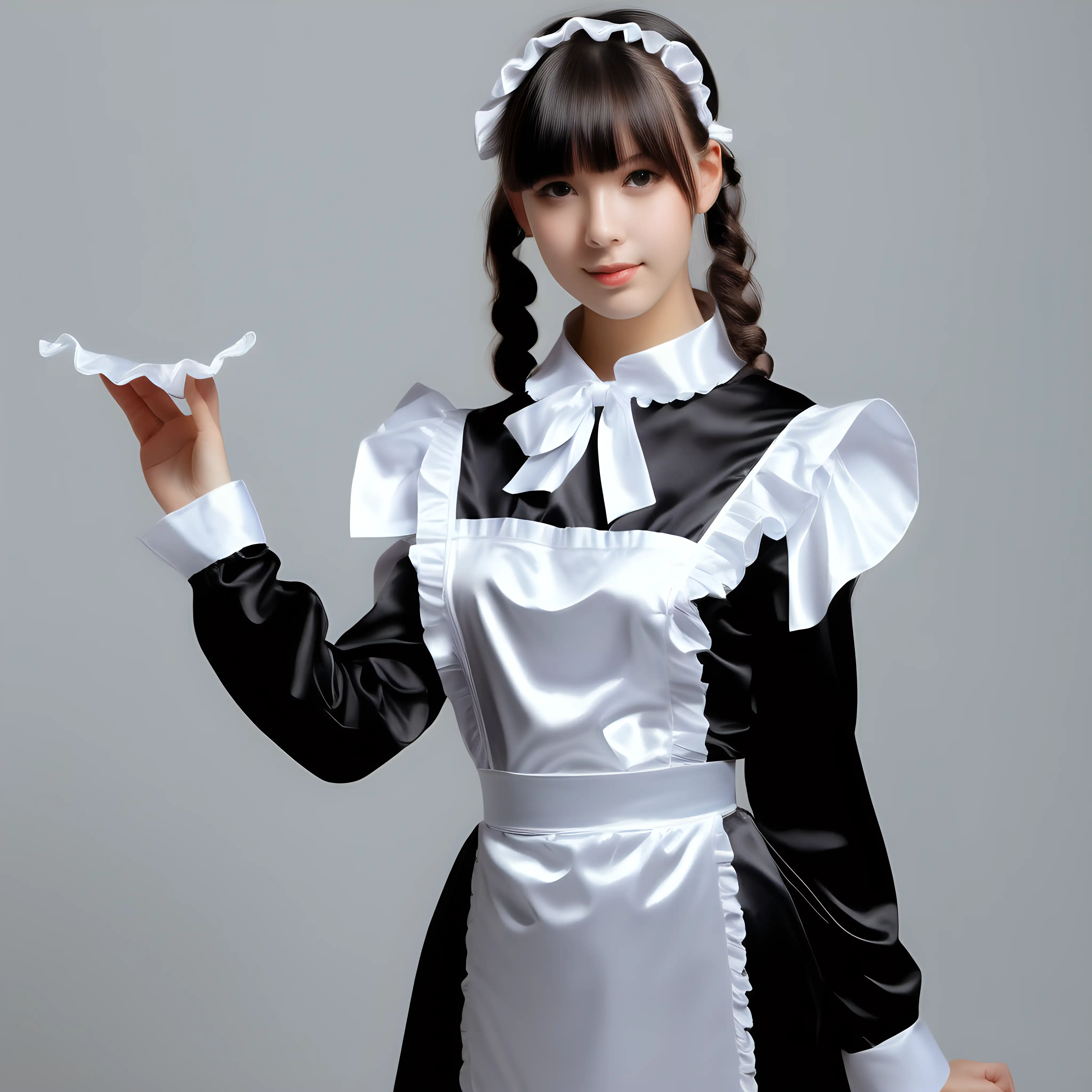 Girl in satin long maid uniforms