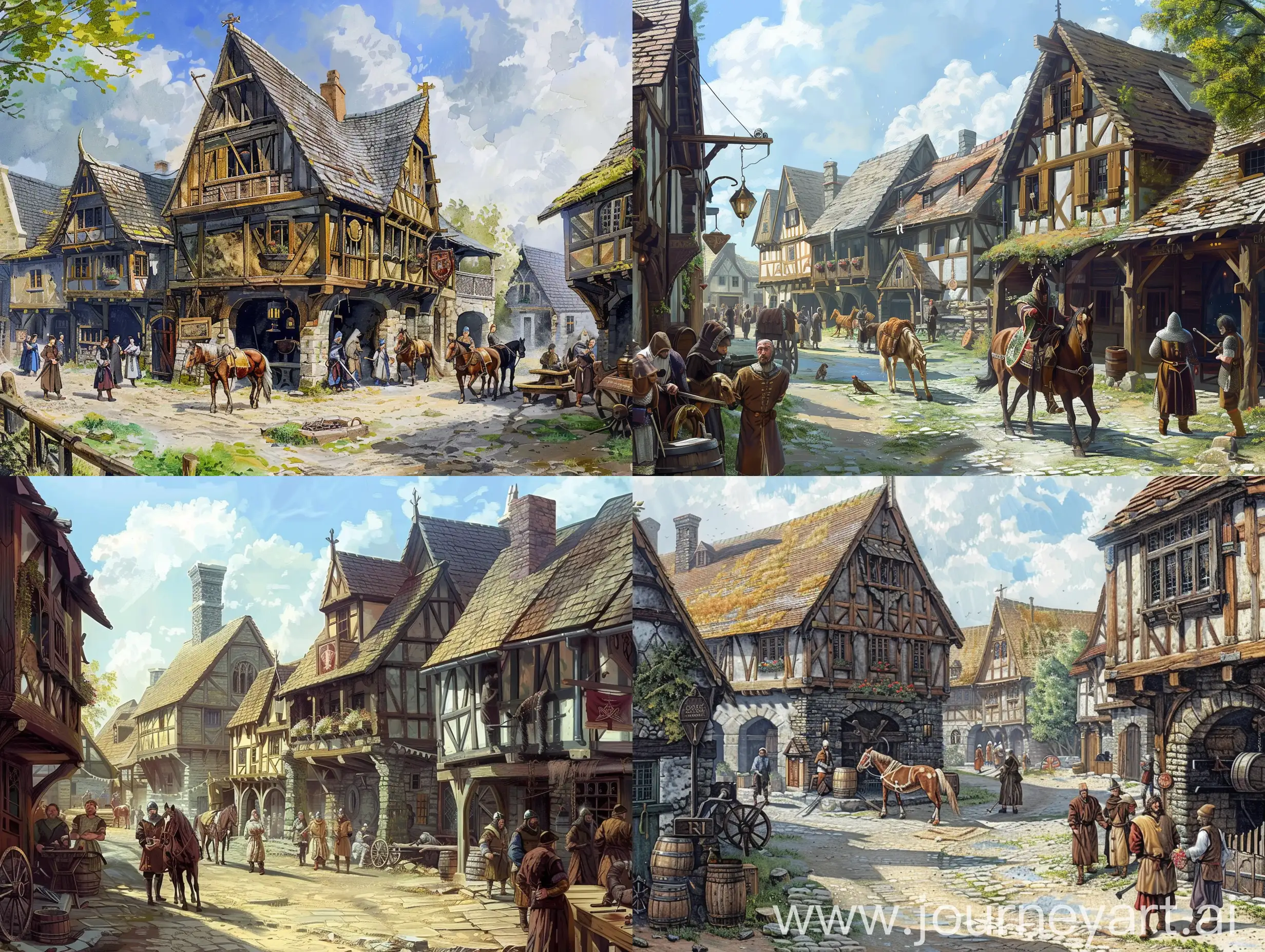 Medieval village, Medieval street, tavern, half timbered houses, inn, people at street, blacksmith, horses,