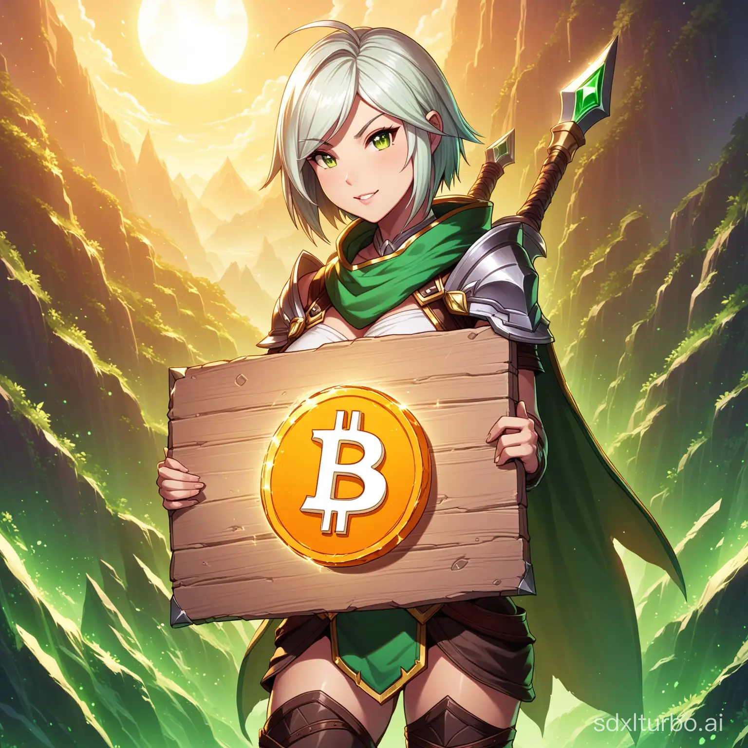 Riven in League of Legends holds a sign of Bitcoin.