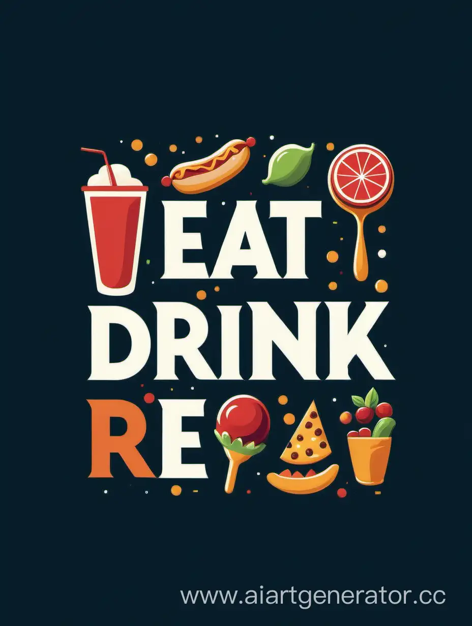"Eat, Drink, Repeat" with playful font and food icons in the t-shirt design 