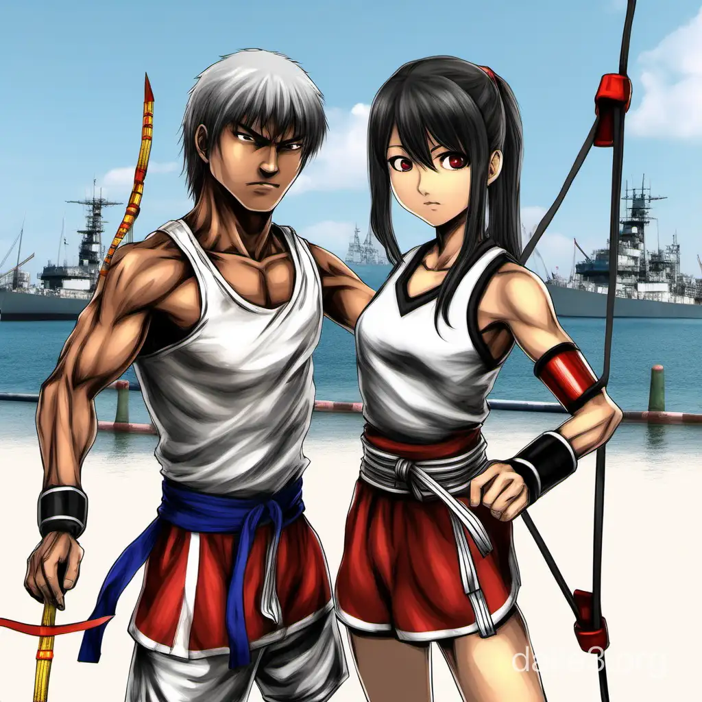 realistic image of akagi anime girl from kantai collection holding a bow and a male filipino muay thai fighter friend in real life