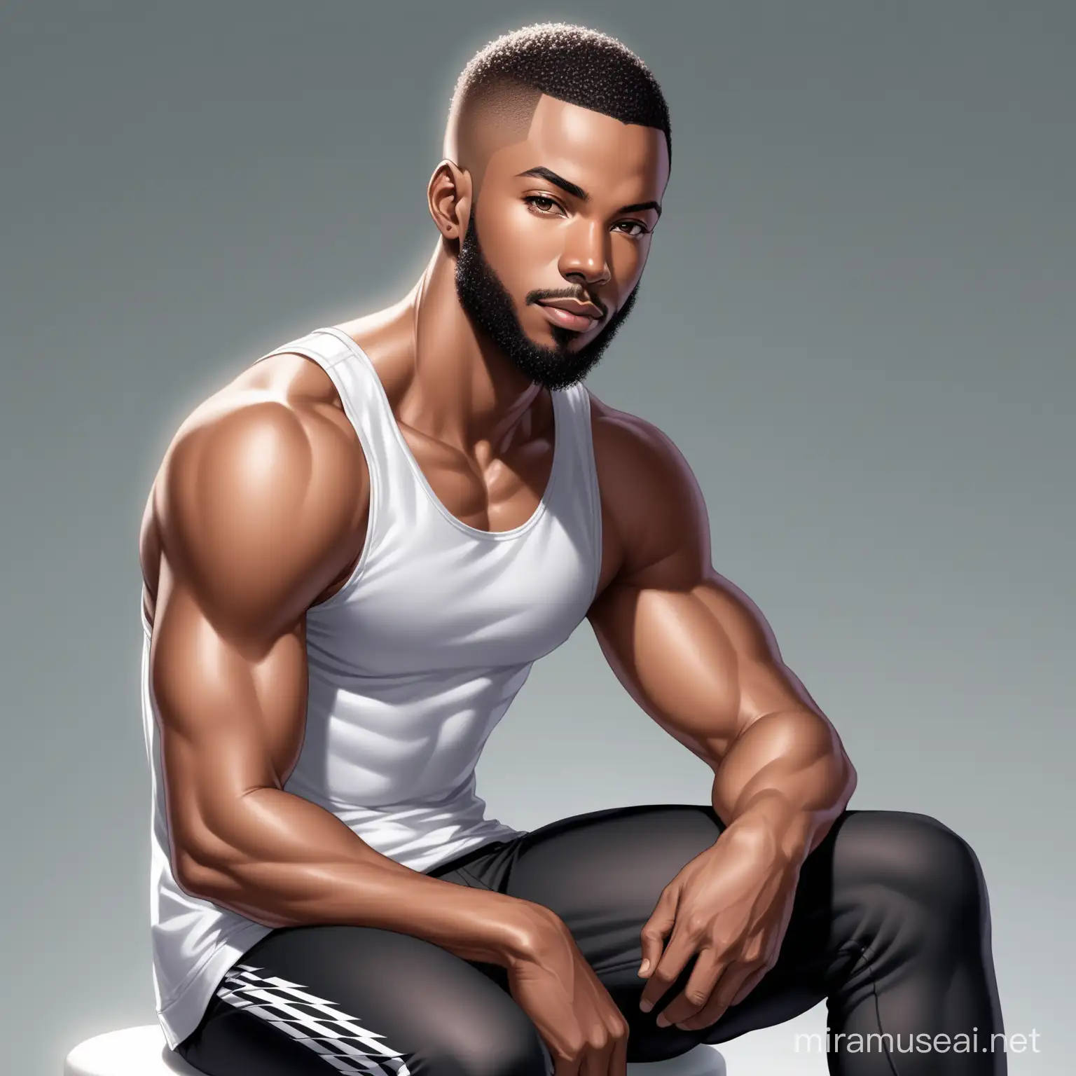 Create a hyper realistic African American man with taper fade low hair, slim body wear tank top and jogging pants , sitting like a host for a talk show.
