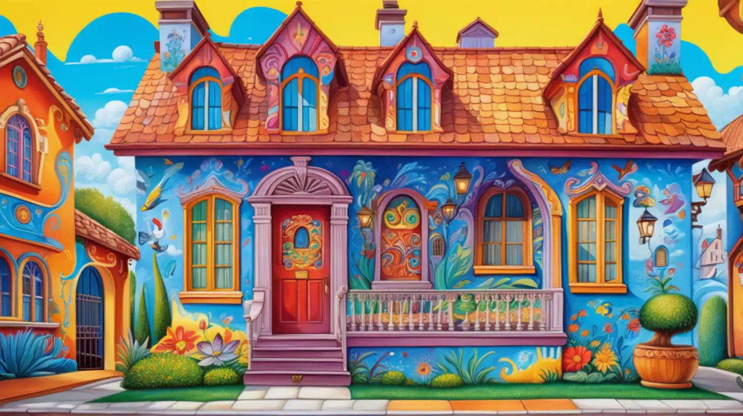 in bright colorful cartoon style, an image of the house of an artist. The house is in many different colors and has is covered with beautiful murals and designs