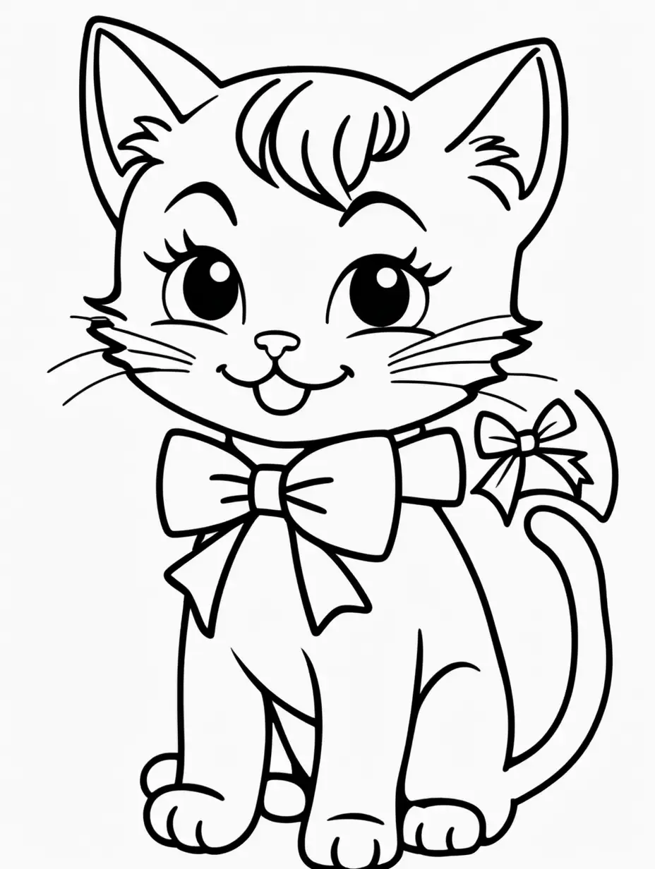 DOBRY PROMPT - Very easy coloring page for 3 years old toddler. Smile kitten with bow. Without shadows. Thick black outline, without colors and big  details. White background.