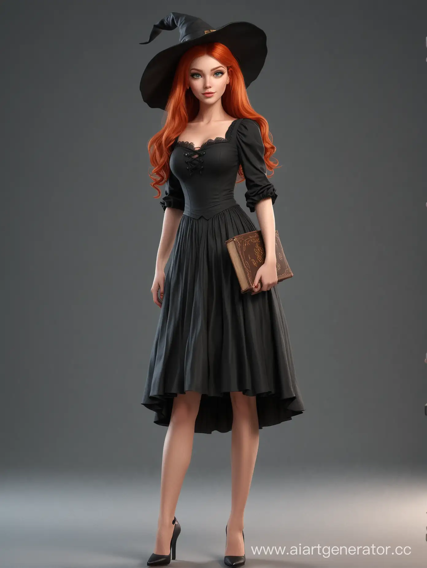 Sexy girl, with beautiful long legs, standing, a witch with red hair, with green eyes in a black dress, holding an old book, very cute, 3D render, cartoon style