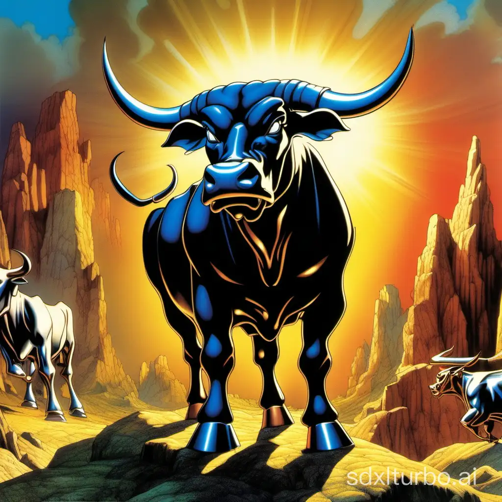 Bull, magical sun light background, 8k, high detail Don Maitz, Todd McFarlane, Mary Blair, I can’t believe how beautiful this is , blink-and-you-miss-it detail --chaos 50 --s 500