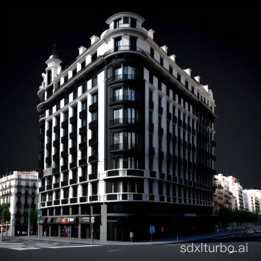 a detailed 3d model of a residential building in Gran Via, Madrid. Unity asset, black background. 4k