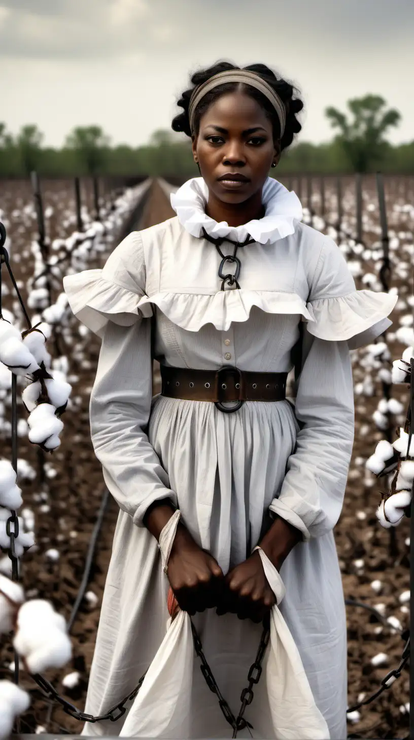 Black woman in cotton field  in salve collar, shackles and chains and dress picking cotton