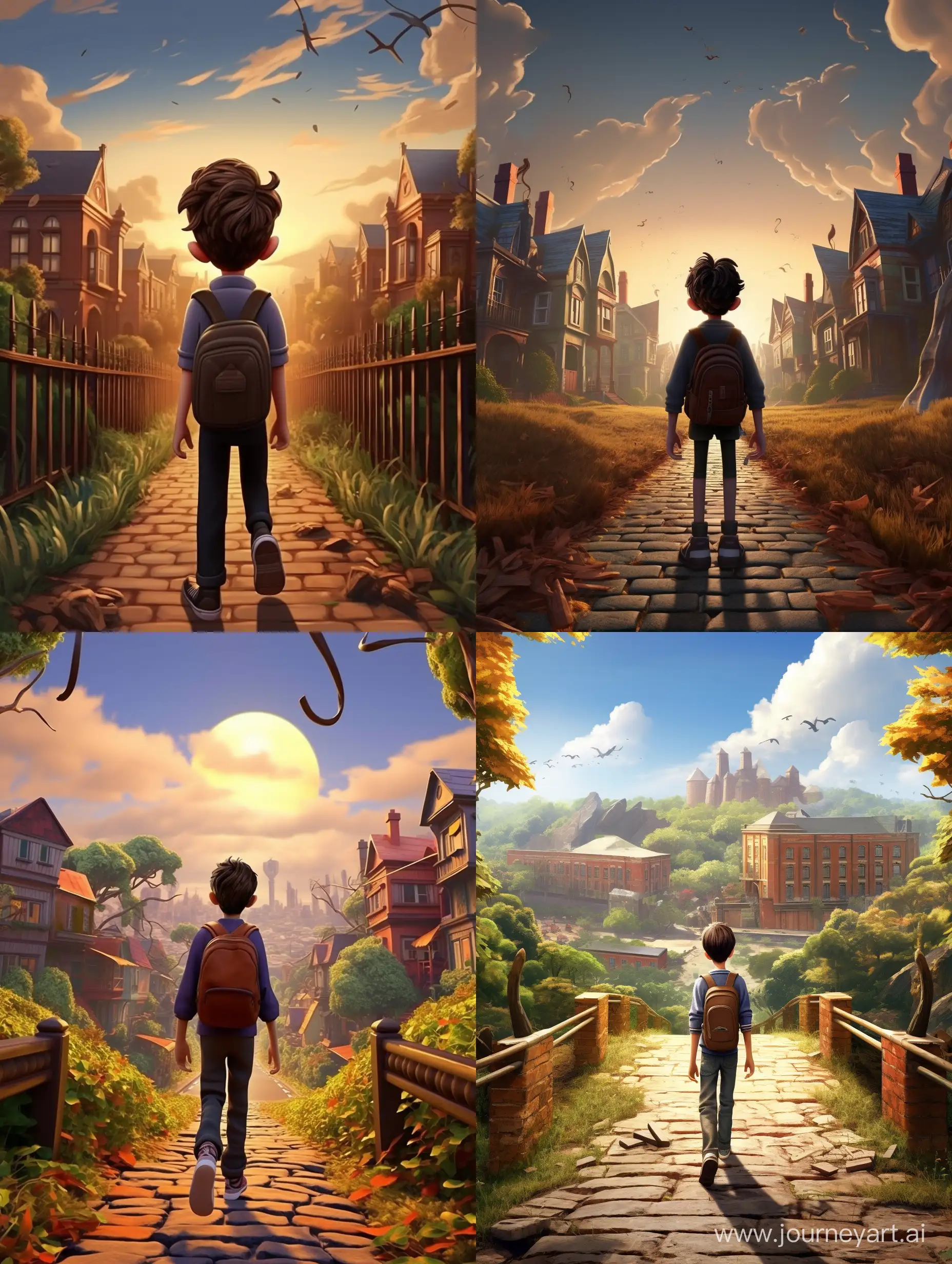 The boy is walking along the path. There is a large school in the background Pixar Style/ 3d animation style