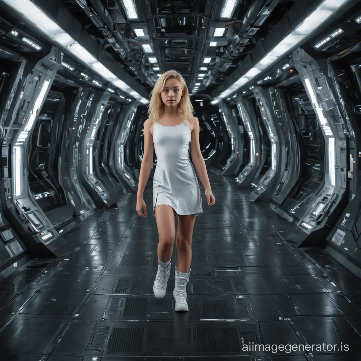 sixteen years old cute blonde walking in the floors on a futuristic dark spaceship