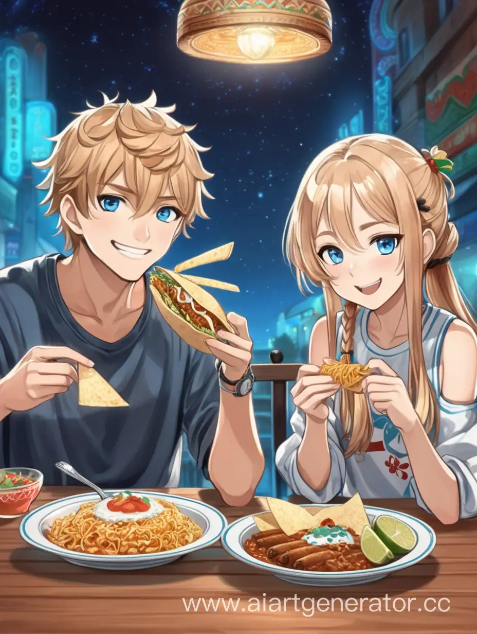 мальчик с девочкой сидят за столом и кушают мексиканскую еду, стиль аниме, светлые волосы и голубые глаза, свидание, романтика, счастливые улыбаются