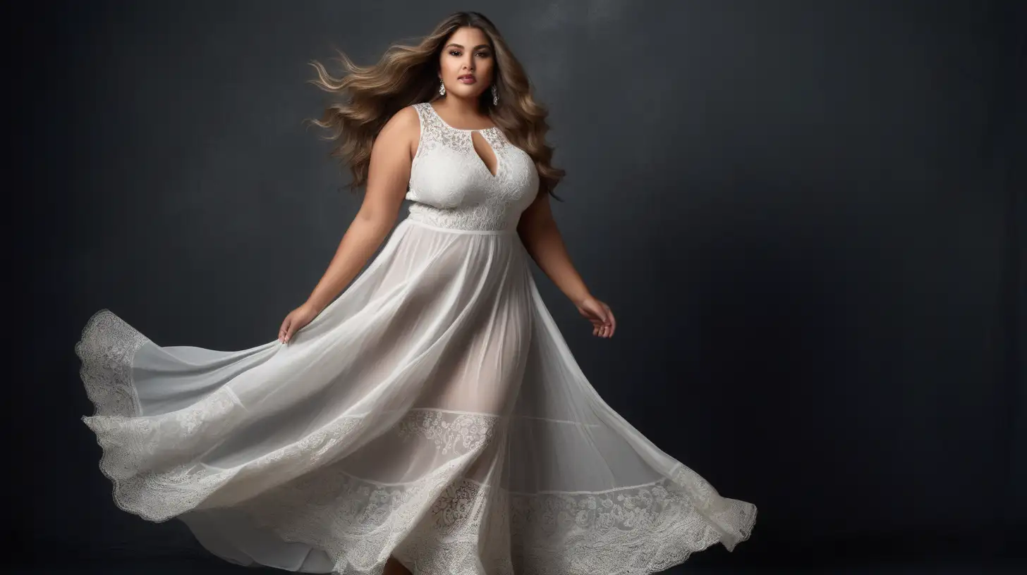 Sensual Vogue Style Plus Size Latina Model in Elegant White Lace Dress
