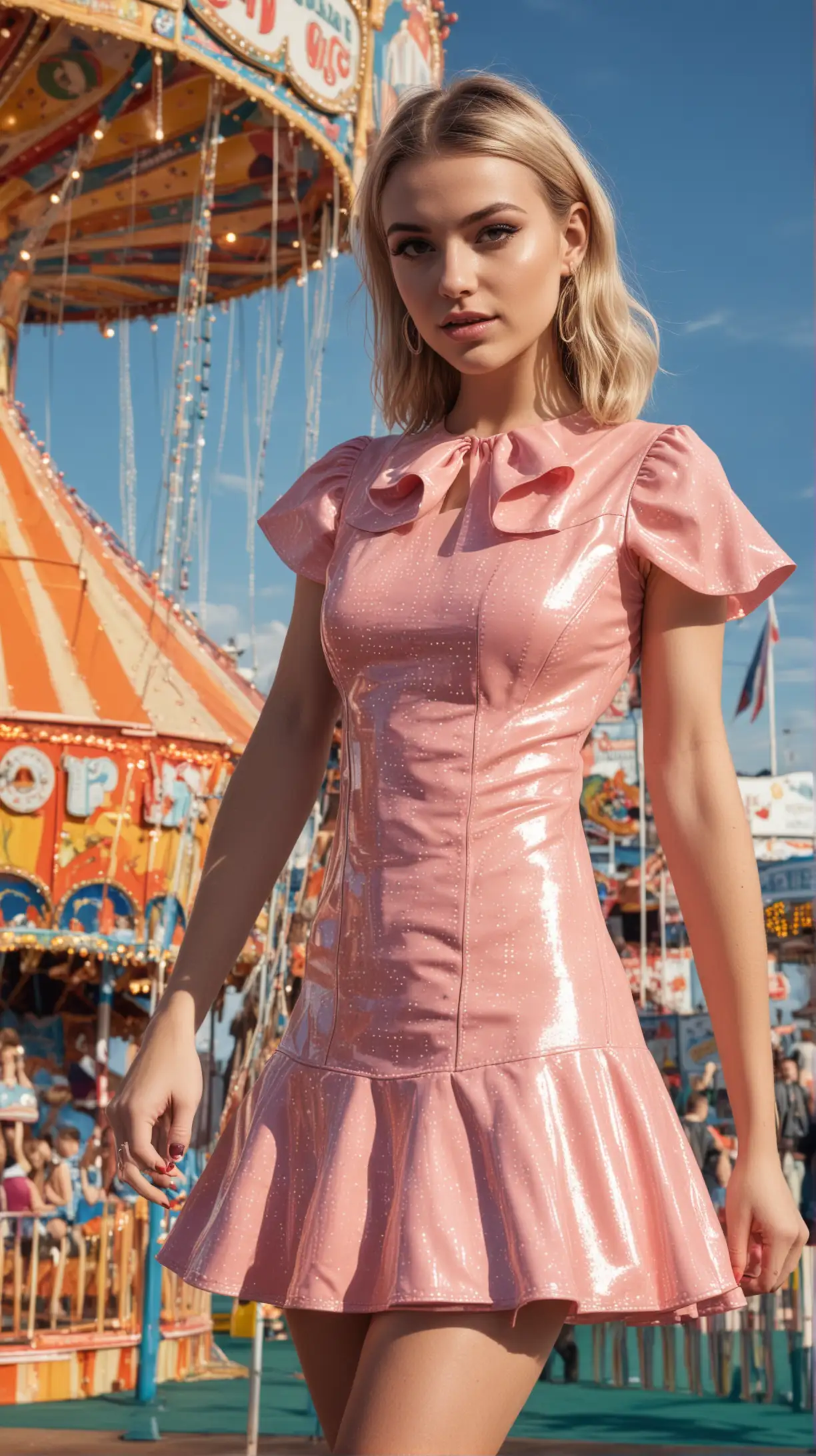young woman at fairground wearing a short flared gloss pvc dress