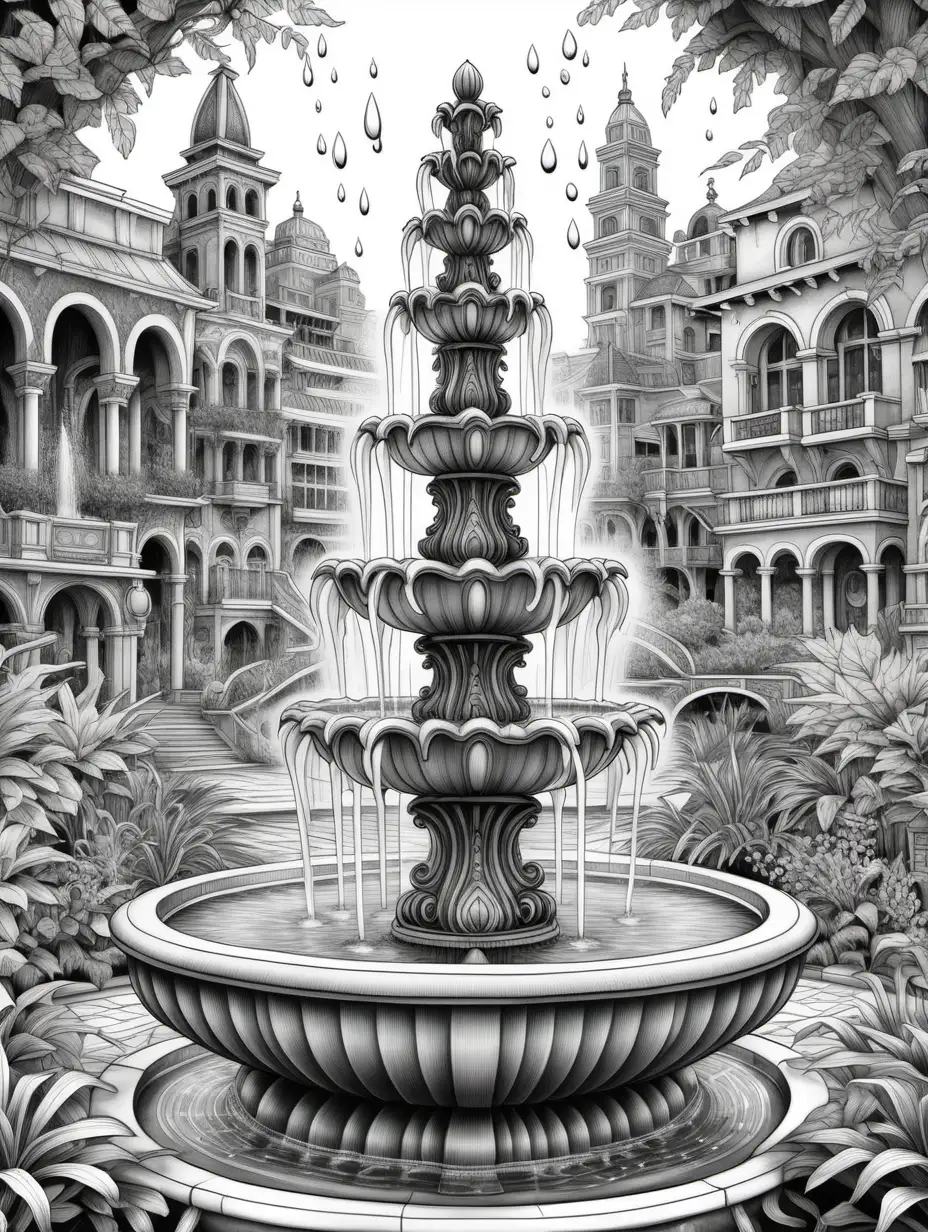 adult coloring book, black and white, intricate, fantasy,  water fountain, high detail, no shading,